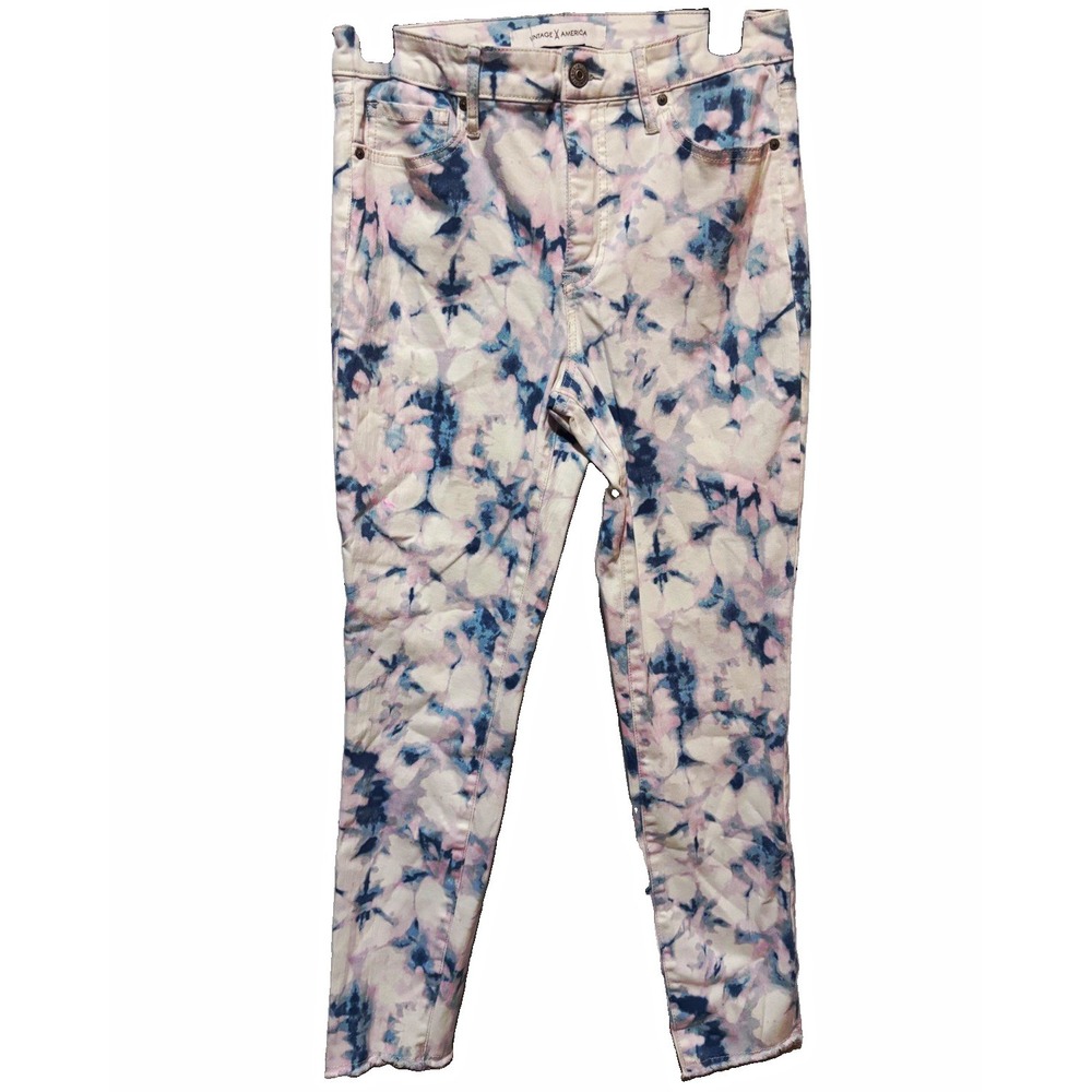 Vintage America Womens Floral Skinny Denim Jeans White Blue Pink 5-Pocket Zip